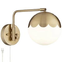 Kelowna Modern Indoor Swing Arm Wall Lamp Antique Brass Metal Plug-In Light Fixture Dimmable Globe Glass Shade for Bedroom Bedside House Reading Livin