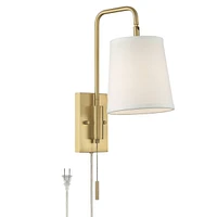 Luca Mid Century Modern Indoor Swing Arm Wall Mounted Lamp Brass Finish Metal Plug-In Light Fixture Fabric Shade for Bedroom Bedside House Reading Liv