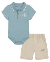 Calvin Klein Baby Boys Short Sleeve Tipped Polo Bodysuit and Canvas Shorts, 2 Piece Set