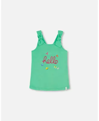 Girl Organic Cotton Tank Top With Print Spring Green - Child