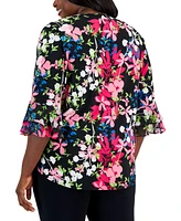Kasper Plus Size Floral-Print 3/4-Ruffled-Sleeve Blouse