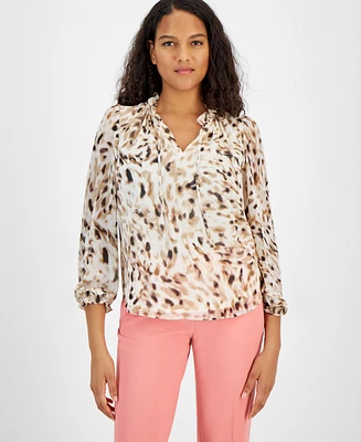 Bar Iii Women's Abstract-Print Tie-Neck Blouse, Created for Macy's