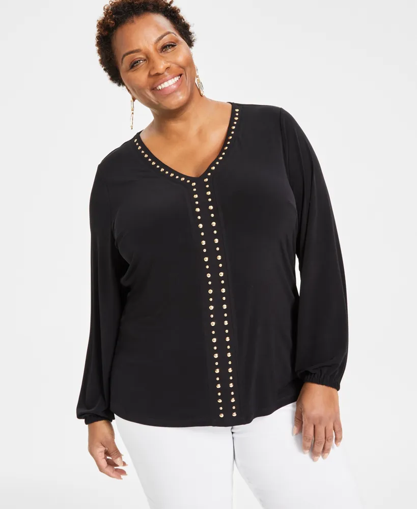 I.n.c. International Concepts Plus Studded V-Neck Blouson-Sleeve Top