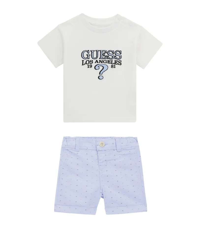 Guess Baby Boys Short Sleeve with Embroidered Logo and Stretch Printed Woven Shorts Set