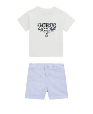 Guess Baby Boys Short Sleeve with Embroidered Logo and Stretch Printed Woven Shorts Set