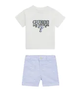 Guess Baby Boys Short Sleeve with Embroidered Logo and Stretch Printed Woven Shorts Set