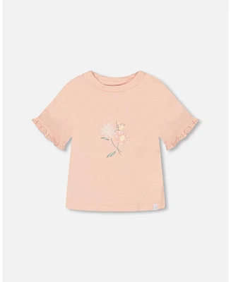 Girl Organic Cotton Top With Print And Frills Blush Pink - Child