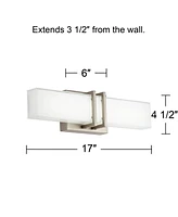 Exeter Modern Art Deco Wall Mount Light Led Brushed Nickel Silver Metal 17" Wide Vanity Fixture Rectangular Silk Screened Glass Shade Decor for Bathro