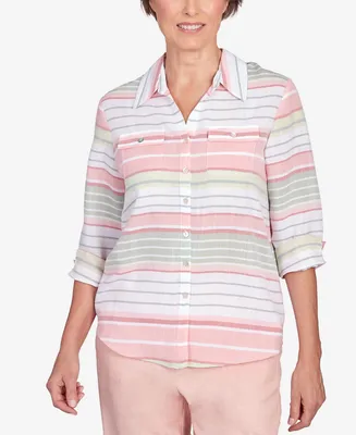 Alfred Dunner Women's English Garden Stripe Split Sleeve Button Down Shirt