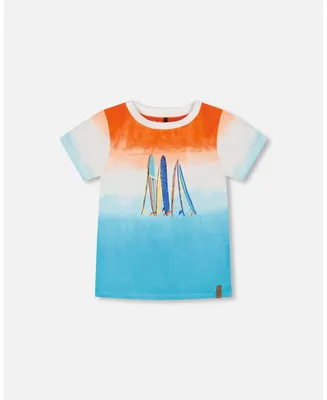 Boy Organic Cotton T-Shirt With Gradient Blue And Orange Print