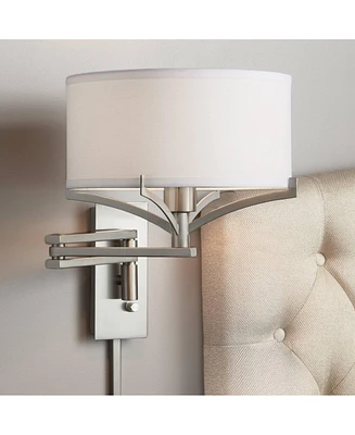 Tremont Modern Swing Arm Wall Lamp Brushed Nickel Silver Metal Plug-in 12" Fixture White Drum Shade for Bedroom Bedside Living Room Hallway Dinin