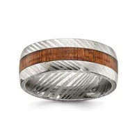 Chisel Damascus Steel Polished with Sapele Wood Inlay 8mm Band Ring