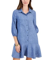 Charter Club Petite Linen Ruffled-Hem Blouson-Sleeve Shirtdress, Exclusively at Macy's