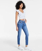 Guess Womens Ruched Ruffle Cap Sleeve Top Rhinestone Trimmed Skinny Ankle Jeans