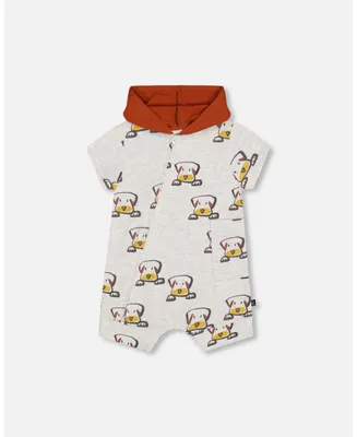 Baby Boy Organic Cotton Hooded Romper Heather Beige With Printed Dog - Infant