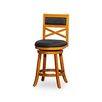 Simplie Fun 24" Counter Height X-Back Swivel Stool, Natural Finish, Charcoal Fabric Seat