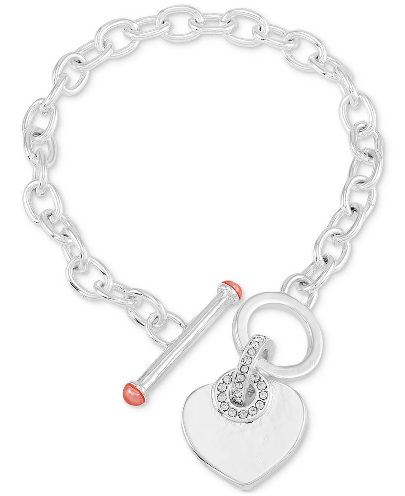 Guess Silver-Tone Pave Heart Charm Link Bracelet