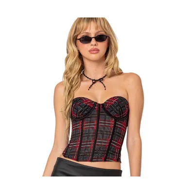 Women's Tory plaid print mesh corset top