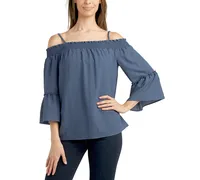 Bcx Juniors' Cold-Shoulder Smocked 3/4-Sleeve Top