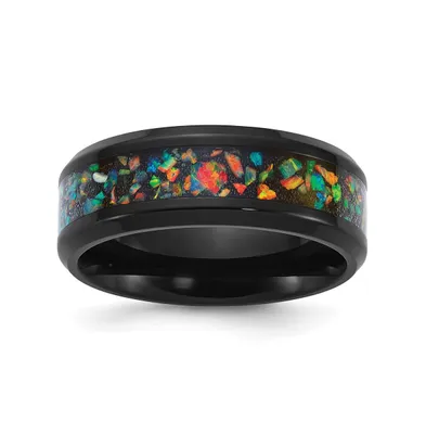 Chisel Stainless Steel Black Ip-plated Opal Inlay Band Ring