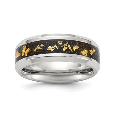 Chisel Stainless Steel Black and Gold Foil Inlay Band Ring