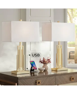 Sonia Modern Table Lamps 29 1/2" Tall Set of 2 with Dual Usb Charging Ports Gold Metal White Rectangular Shade for Bedroom Living Room House Bedside N