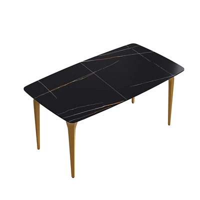 Simplie Fun 63" Modern Artificial Stone Black Curved Golden Metal Leg Dining Table -6 People