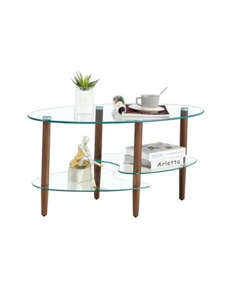 Simplie Fun Modern Oval Glass Coffee Table with Oak Wood Legs