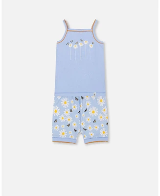 Girl Organic Cotton Two Piece Pajama Set Baby Blue Printed Daisies