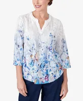 Alfred Dunner Petite Full Bloom Butterfly Border Jacquard Split Neck Top