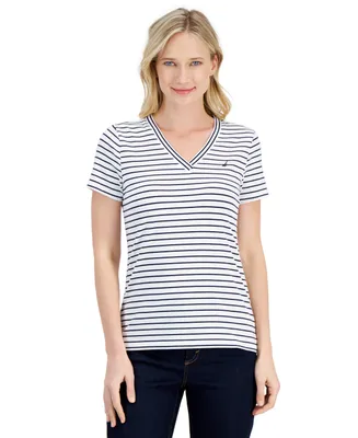 Nautica Jeans Women's Getaway Striped Short-Sleeve V-Neck Top ...