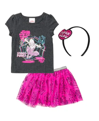 Marvel Spider-Man Spider-Gwen Girls Graphic T-Shirt Tulle Skirt and Headband 3 Piece Outfit Set Toddler |Child