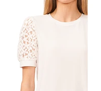 CeCe Women's Crochet Puff Sleeve Mix Media Knit Top