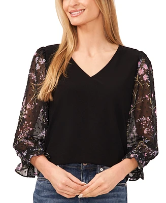 CeCe Women's Floral V-Neck Mix Media 3/4-Sleeve Knit Top