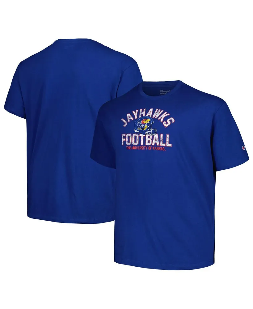 Men's Champion Royal Distressed Kansas Jayhawks Big and Tall Football Helmet T-shirt