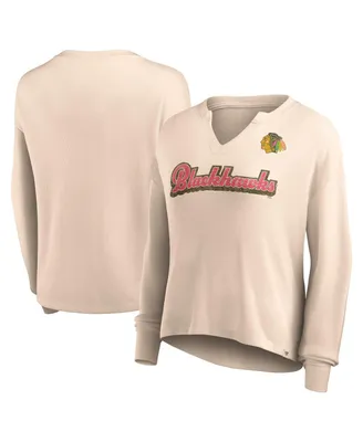 Women's Fanatics Oatmeal Distressed Chicago Blackhawks Go For It Notch Neck Waffle Knit Long Sleeve T-shirt