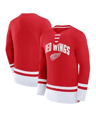 Men's Fanatics Red Detroit Wings Back Pass Lace-Up Long Sleeve T-shirt