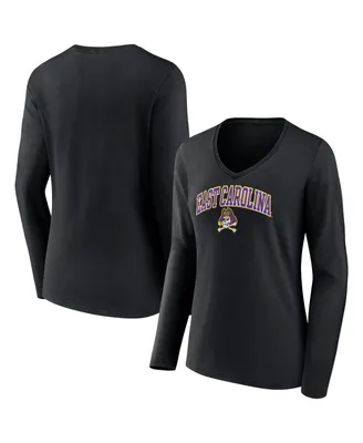 Women's Fanatics Black Ecu Pirates Evergreen Campus Long Sleeve V-Neck T-shirt