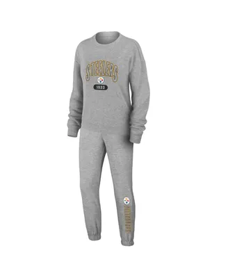 Women's Wear by Erin Andrews Heather Gray Pittsburgh Steelers Knit Long Sleeve Tri-Blend T-shirt and Pants Sleep Set