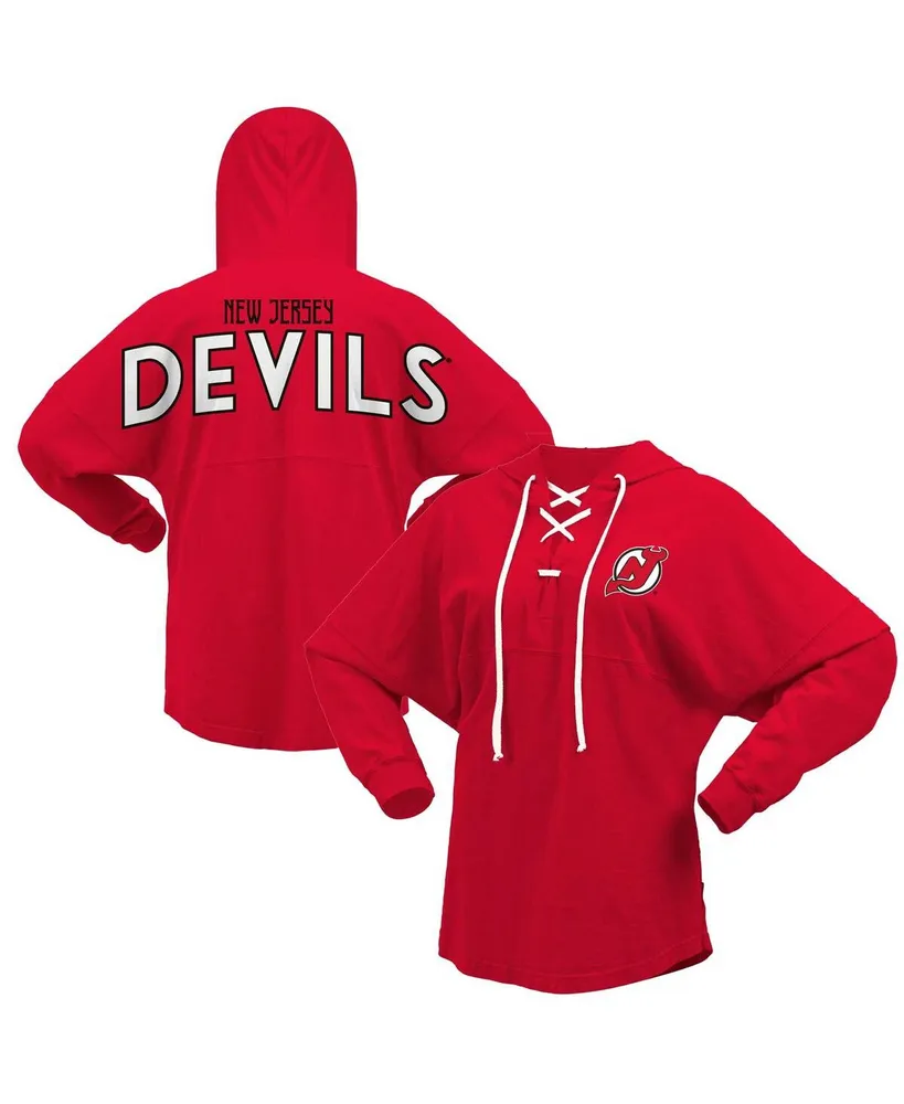 Women's Fanatics Red New Jersey Devils Jersey Lace-Up V-Neck Long Sleeve Hoodie T-shirt