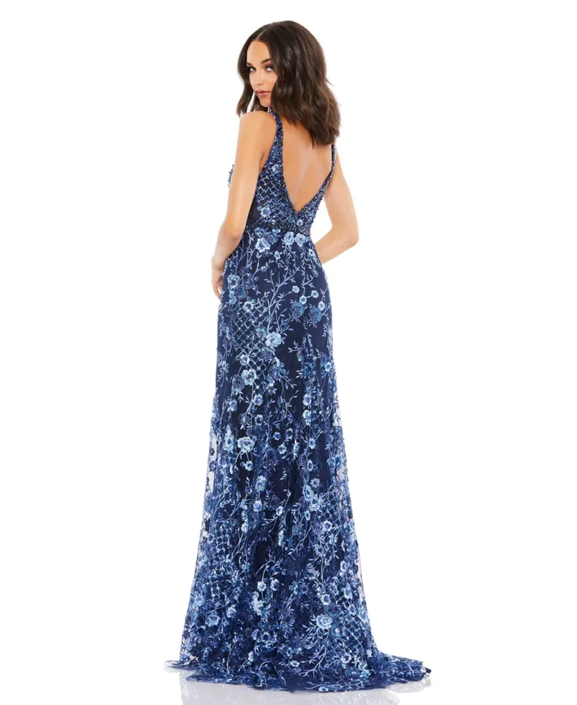 Women's Floral Embellished Sleeveless Plunge Neck Gown