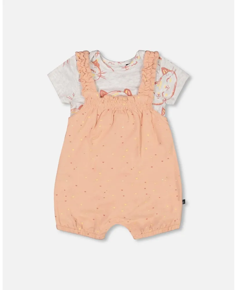 Baby Girl Organic Cotton Onesie And Shortall Set Peach Rose With Printed Heart - Infant