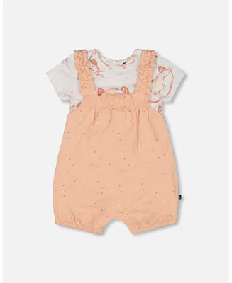 Baby Girl Organic Cotton Onesie And Shortall Set Peach Rose With Printed Heart - Infant