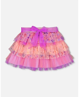 Girl Ruffle Tulle Mesh Skirt Lavender Printed Fields Flowers - Child