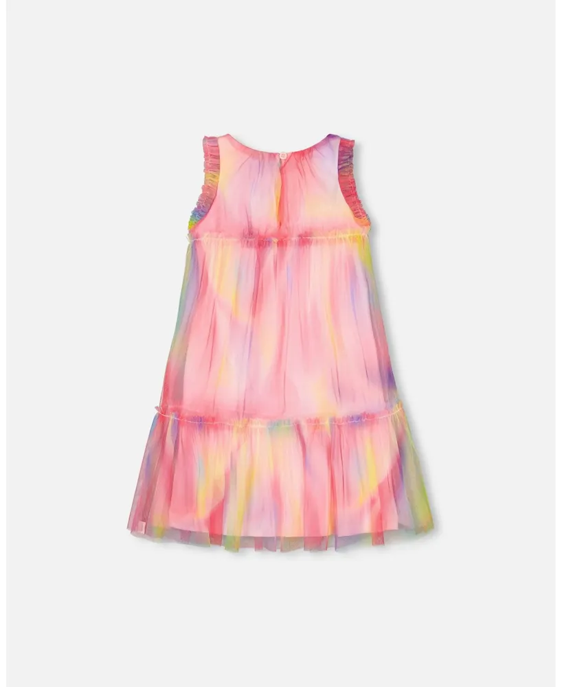 Girl Sleeveless Frills Mesh Dress Rainbow Swirl