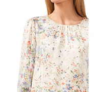 CeCe Women's Floral Print Smocked Cuff Blouse