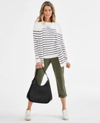 Style Co Striped Sweater Tank Cardigan Embroidered Pants Hoop Earrings Necklace Hobo Bag Low Top Sneakers Created For Macys