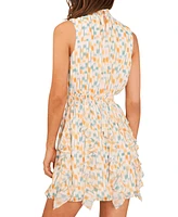1.state Women's Printed Smocked Sleeveless Mock Neck Ruffled Mini Dress