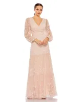 Women's Sequined Tiered Wrap Over Puff Sleeve Gown