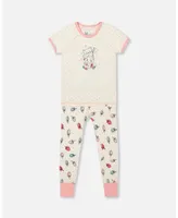 Girl Organic Cotton Two Piece Pajama Set Off White Printed Strawberry